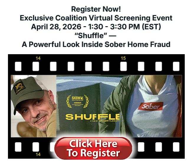 Promotional banner for a virtual screening: 'Shuffle' on April 28, 2026, 1:30–3:30 PM EST; collage of film-strip images and a red 'Click Here To Register' button.